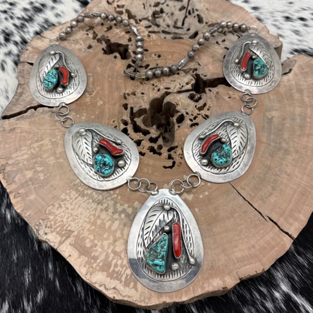 1980s DAVID F GARCIA Kewa Sterling Silver Turquoise & Coral 5 Station Necklace